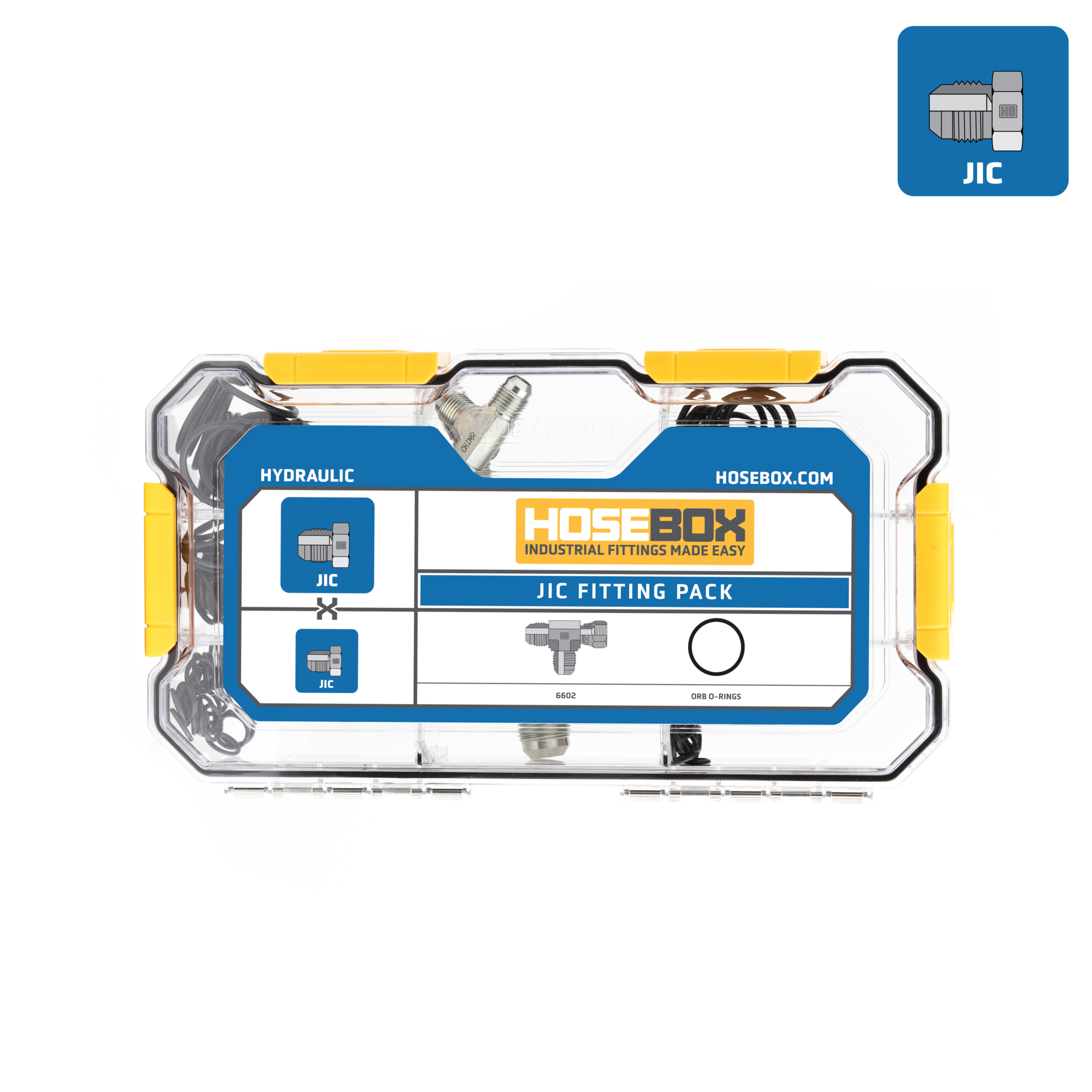 HoseBox, JIC TEES - O-RINGS KIT - 4 Tees - 150 ORB O-rings, Fitting Size Other in, Model# HBE2001-004